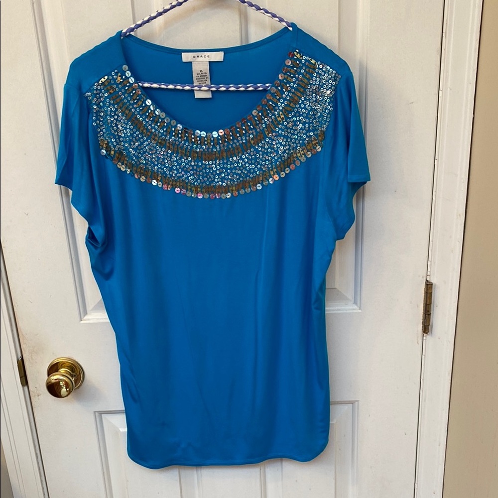 Grace Blue Embellished Dolman Sleeve Blouse